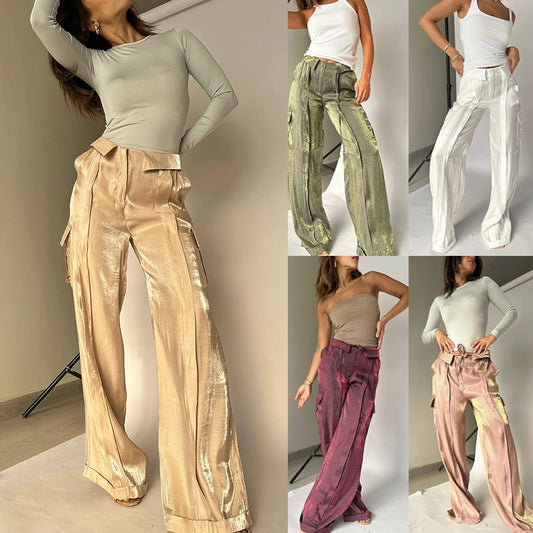 Golden Years Glitter Fabric Drawstring Waist Pocketed Wide Leg Pants - Buy two and get free shipping!