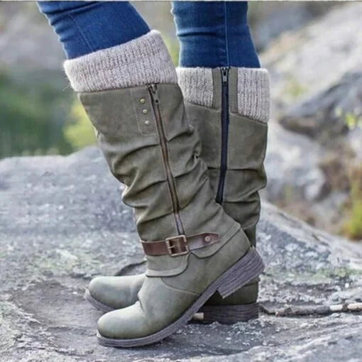 🔥LAST DAY -[40% OFF]Women’s Leather Flat Heel Mid-Calf Zipper Boots