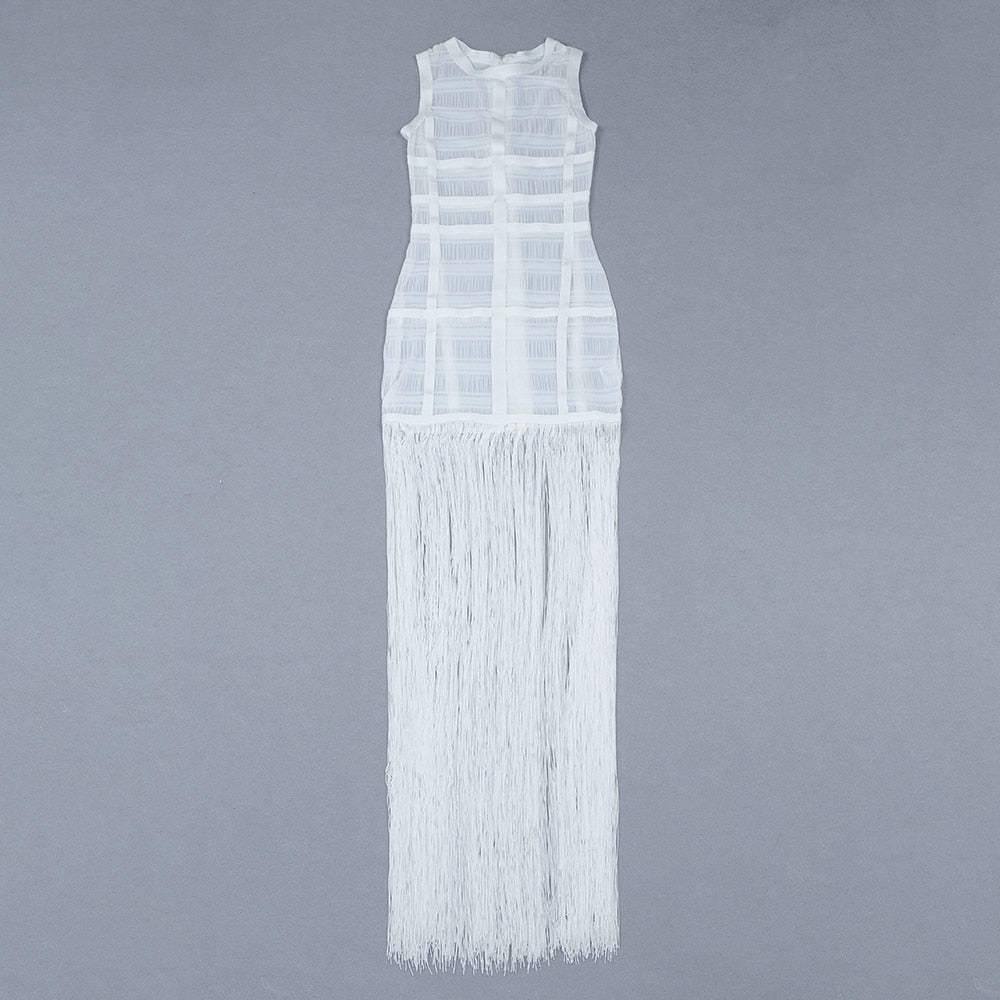 Hollow Fringe White Sleeveless One-piece Dress Summer Party Gathering Dresses