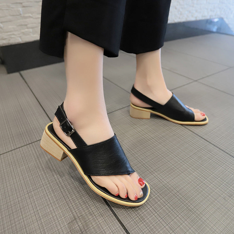 2024 summer casual  Rhinestone hollow chunky heel shoes and new belt buckle solid color plus size women's sandals