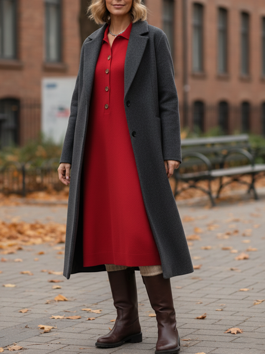 Classic Polo Collar Button Solid Color Knitted Midi Dress