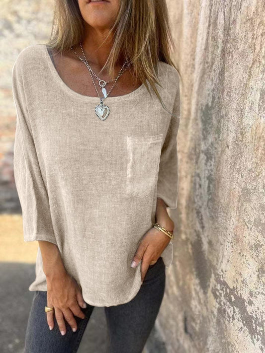 ourhomemarketTM-Round Neck Pocket Casual Cotton and Linen T-shirt (Buy 2 Free Shipping)