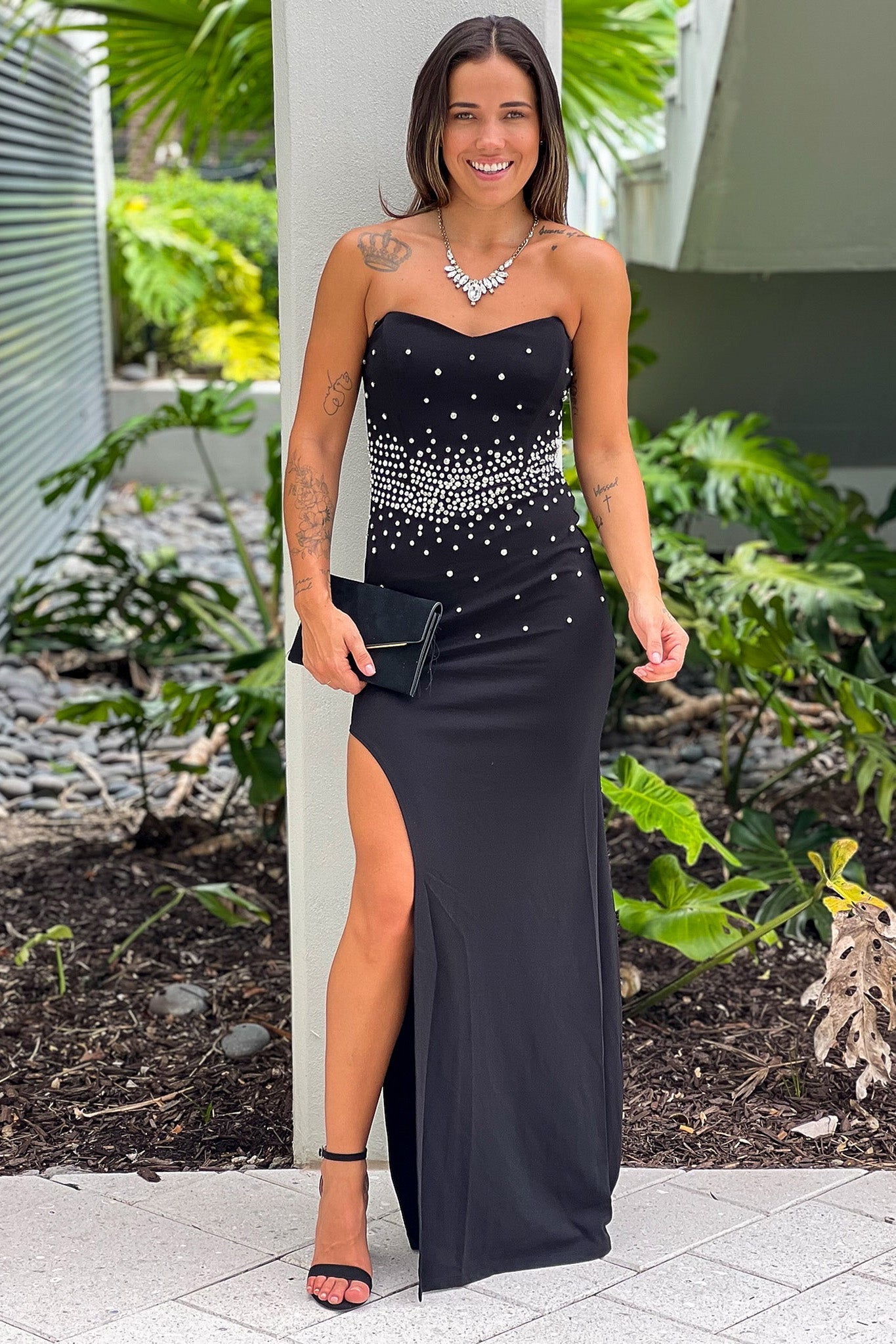 Black Strapless Rhinestone Maxi Dress With Slit