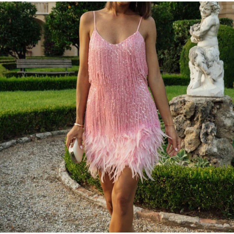 Women's Feather Fringe Sequin Spaghetti Strap Dress