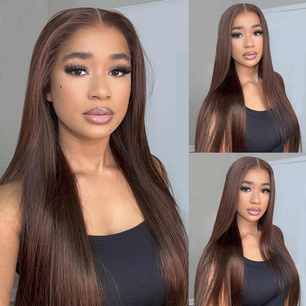 Chocolate Brown Glueless Wigs Straight With Drawstring 100% Human Hair Wig