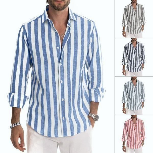 🔥Spring summer men's cotton linen striped button shirt-BUY 2 FREE SHIPPING