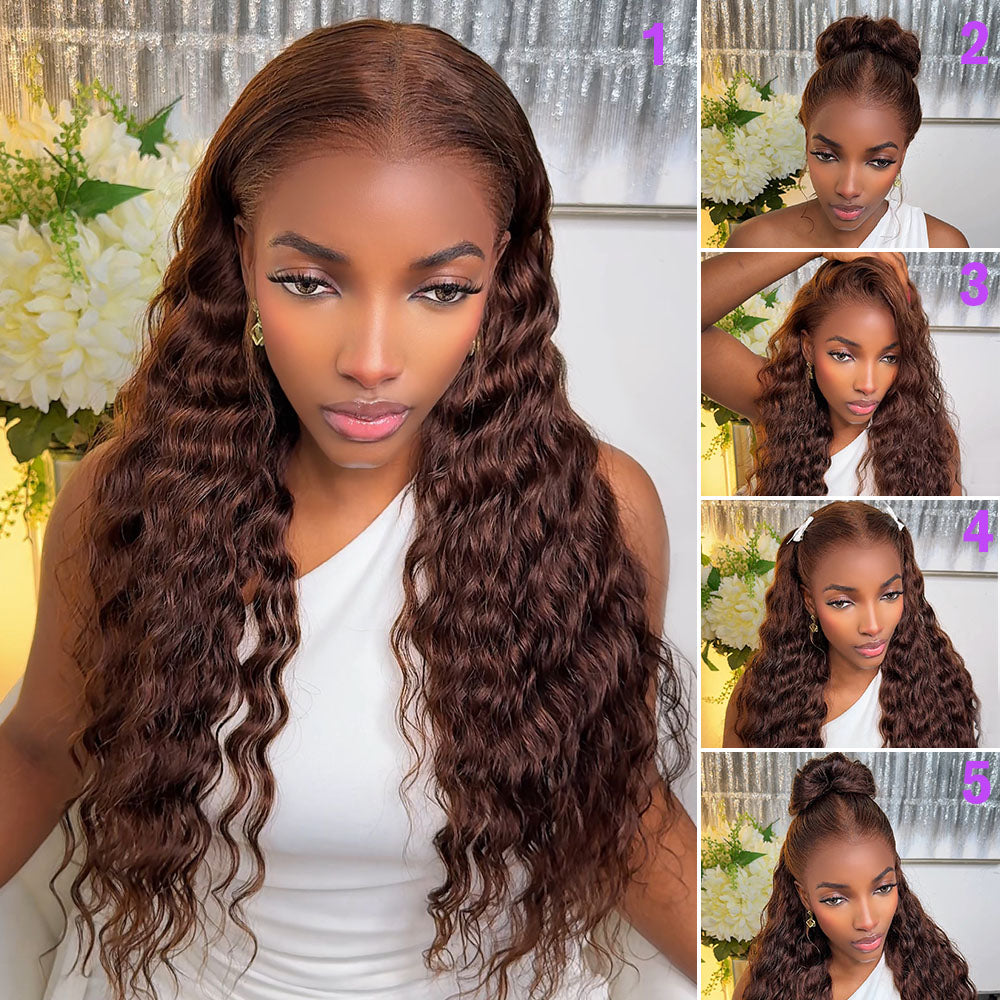 Chocolate Brown Glueless Wigs Bohemian Curl with Drawstring 100% Human Hair Wig