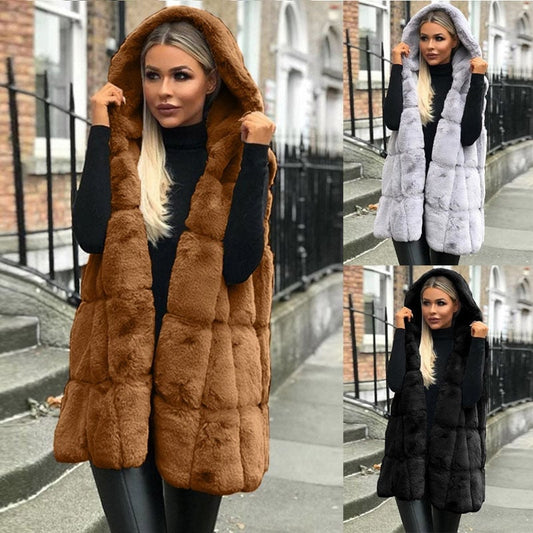 Hooded Jacket Faux Fur Ladies Vest Cardigan