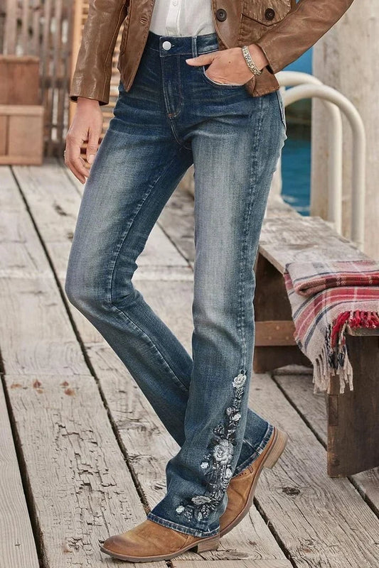 😍Last Day 49% OFF🔥Floral Hand Embroidery Mid Waist Bootcut Jeans🔥