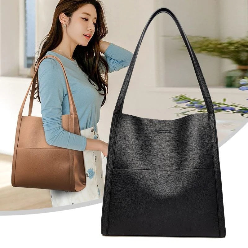 Solid color simple genuine leather shoulder bag