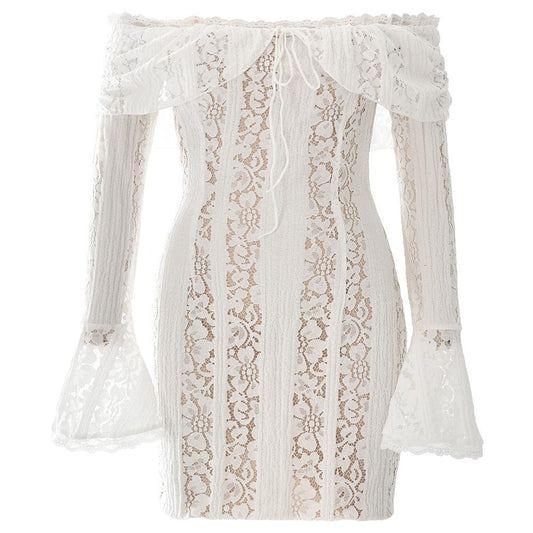 Long flared sleeve off shoulder lace mini dress