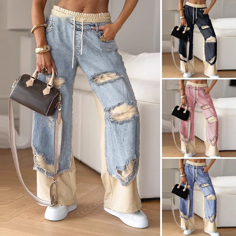 🍁Frühherbst-Sonderangebot✨ Patchwork-Denim Elastische Bundweite Beine Hose