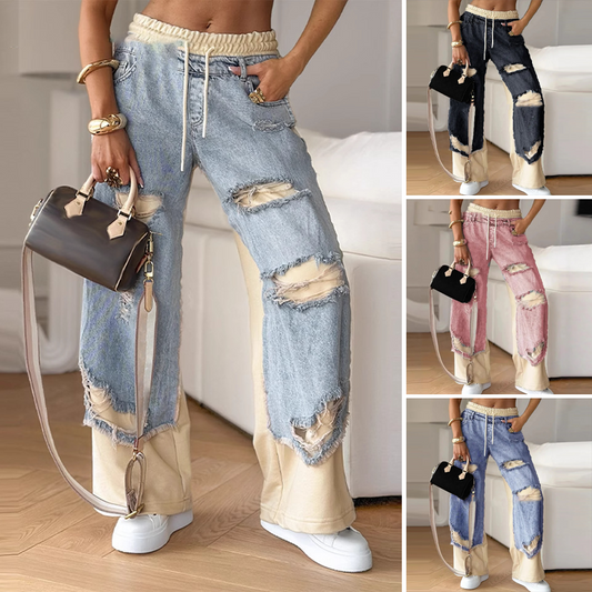 🍁Frühherbst-Sonderangebot✨ Patchwork-Denim Elastische Bundweite Beine Hose