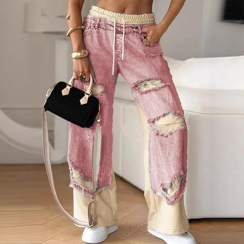 🍁Frühherbst-Sonderangebot✨ Patchwork-Denim Elastische Bundweite Beine Hose