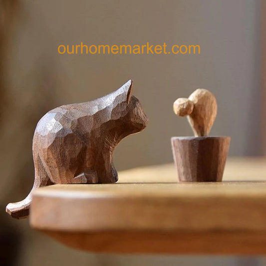 Wooden Hand-Carved Diffuser Decor for Essential oils Cat Meet with Meat DC